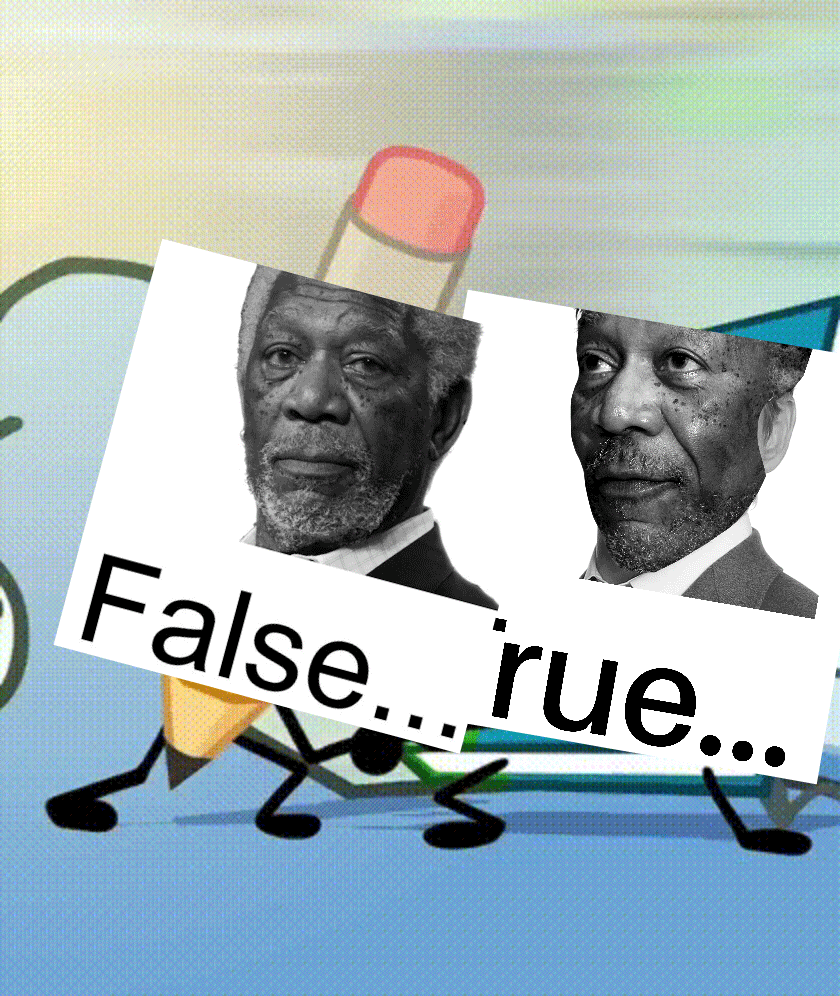 TPOT 17 scene of Pencil and Book fighting on the Fourse except Pencil is replaced with the 'False' image and book the 'True' image